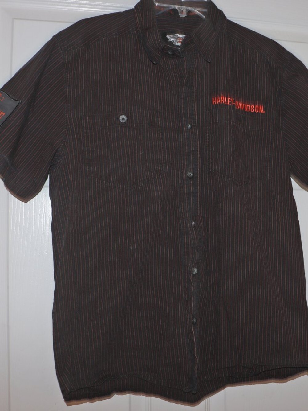 Men’s Harley Davidson Black/Orange Strips Short Sleeve Button Down Shirt Size M
